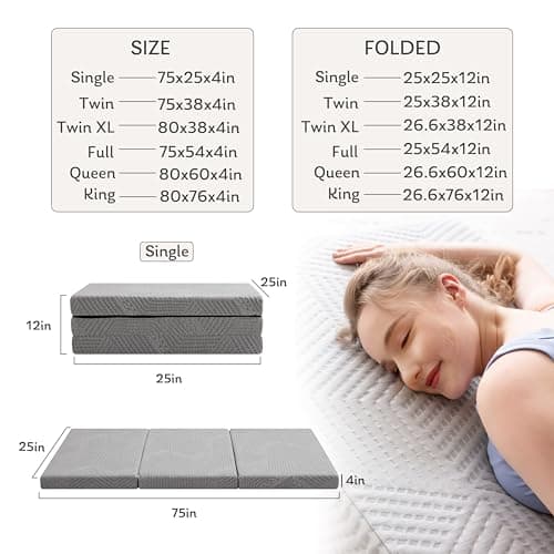 MLILY Tri-Fold Memory Foam Topper, 4 inch Single Folding Mattress Topper with Collapsible and Washable Cover, Travel and Guest Mat, 75"×25"×4", Grey