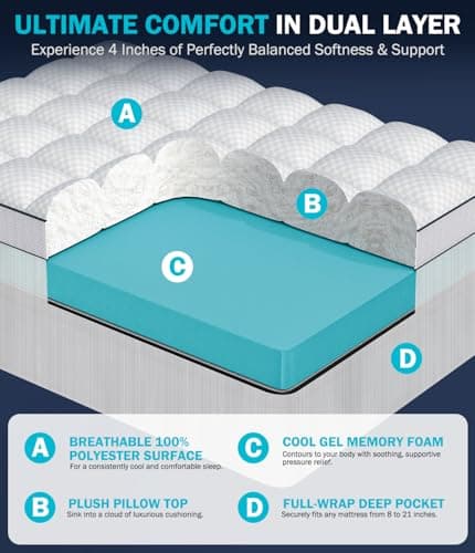 Panyu Dual Layer 4 Inch Memory Foam Mattress Topper King Size, 2" Cooling Gel Memory Foam & 2" Pillow Top Mattress Pad Cover for Back Pain Relief, Deep Elastic Pocket, Medium Support, White