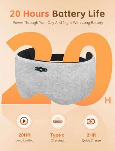 Sleep Mask with Bluetooth 6.0 Headphones, 20H Playtime Sleeping Headphones for Side Sleepers, Adjustable Blackout Eye Mask for Travel Meditation, Noise-Reducing Sleep Mask Gifts for Women Men, Gray