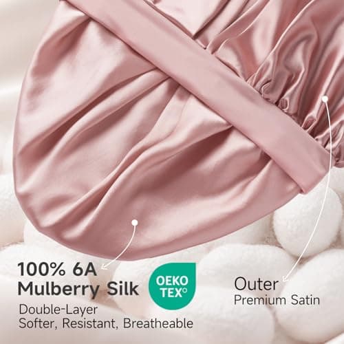 22 Momme 100% Real Mulberry Silk Bonnet for Sleeping Women, Large Hair Care Bonnet for Long Curly Hair, Double Layer Silk Wrap with Soft Elastic Band, Non-Slip Sleep Cap, Pink