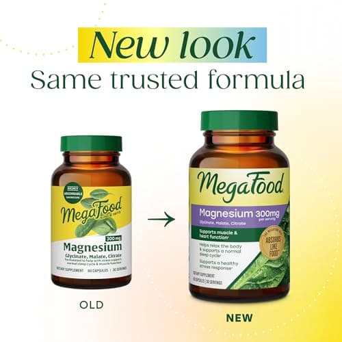 MegaFood Magnesium Glycinate, Citrate, Malate 300mg Supplement - Highly Absorbable Blend to Support Heart, Nerve Health & Relaxation, Triple Magnesium Complex Supplement, 60 Capsules (30 Servings)