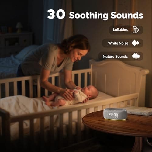 1Mii White Noise Sound Machine with Alarm Clock, Sound Machine for Sleep for Adults Baby, Smart App Controlled，30 Soothing Sounds, Sleeping Timer, Dimmable 7-Color Night Light, 30 Volume Levels