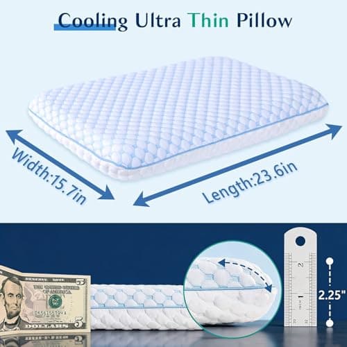 Iwacool Thin Pillow for Sleeping, Cooling Gel Flat Pillow for Stomach and Back Sleepers, Ultra Slim Stomach Sleeping Pillows for Shoulder Neck Pain Relief, Low Profile Memory Foam Pillows 2.25-inches