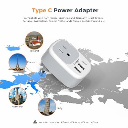3 Pack European Travel Plug Adapter, TESSAN US to Europe Plug Adapter with 3 USB Ports (1 USB C), Type C Power Adaptor for EU International Italy Spain France Greece Iceland Germany