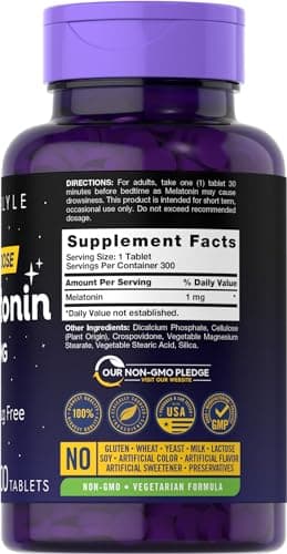 Carlyle Melatonin 1 mg | 300 Low Dose Tablets | Drug Free Aid | Vegetarian, Non-GMO, Gluten Free