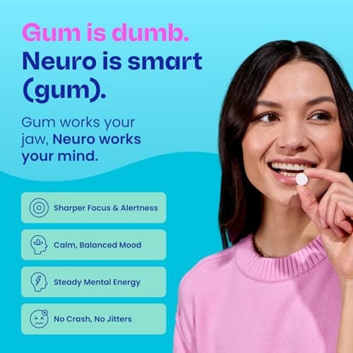 Neuro Energy & Focus Gum - 40mg Natural Caffeine Gum & Nootropic Energy Supplement with L-Theanine & B Vitamins - Sugar Free, Vegan - Peppermint, 90ct