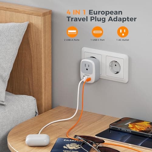 3 Pack European Travel Plug Adapter, TESSAN US to Europe Plug Adapter with 3 USB Ports (1 USB C), Type C Power Adaptor for EU International Italy Spain France Greece Iceland Germany