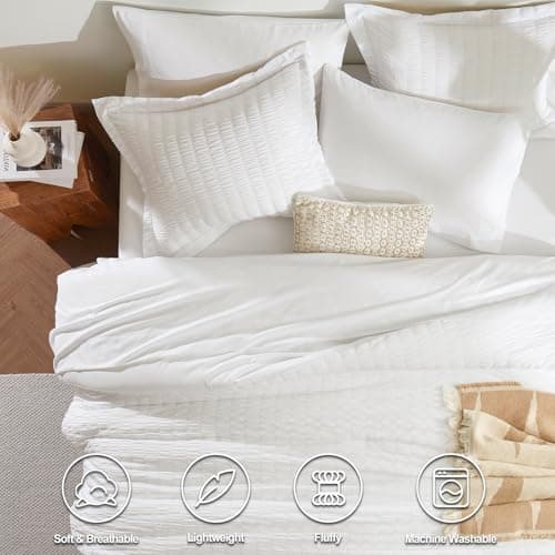 CozyLux Queen Comforter Set White Seersucker 7 Pieces Bed in a Bag Queen Comforter Set with Sheets, Luxury Soft Bedding Set with Down Alternative Comforter, Sheets, Pillowcases & Shams for All Seasons