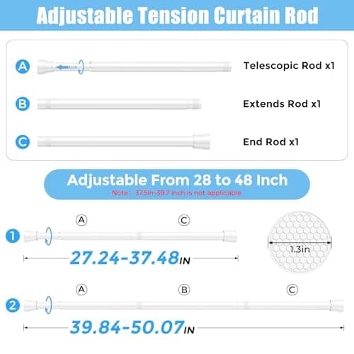 AIZESI Tension Curtain Rod Adjustable Spring Tension Rods for Windows 28 to 48 Inch, No Drilling, 7/8" Diameter, White Curtain Rod, Small Shower Curtain Rod for Bathroom, Doorway, Closet, Kitchen