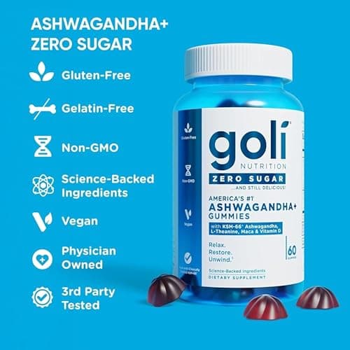 Goli Zero Sugar Ashwagandha Gummies with KSM-66, L-Theanine, Maca and Vitamin D - No Sugar Alcohols - Vegan, Keto-Friendly, Non-GMO