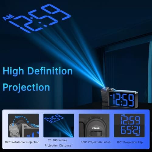 Peakeep Projection Alarm Clock for Bedroom Ceiling 180° Rotatable, Loud for Heavy Sleepers, Colorful Nightlight, 5 Brightness Dimmable Large Number Bedside Electric LED Digital Clock with USB Port
