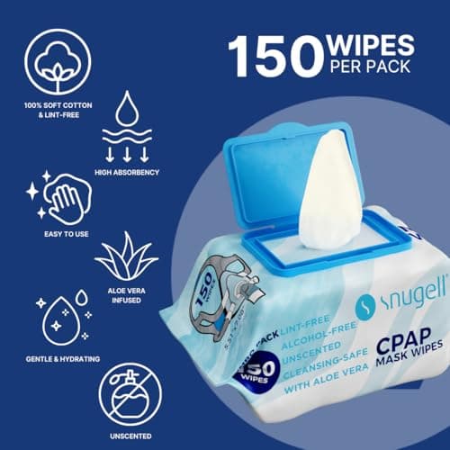 Snugell CPAP Mask Wipes – Soft Cotton with Aloe Vera, Lint & Alcohol Free – CPAP Cleaning Wipes for Masks, Tubes & Devices, Travel Size, 150 Count (Pack of 1), Unscented