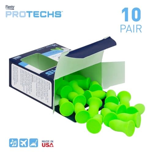 Flents Protechs Foam Ear Plugs, 10 Pair with case Sleeping, Snoring, Loud Noise, Traveling, Concerts, Construction, Studying, Work, Shooting, NRR 33, Noise Cancelling, Green, Made in the USA