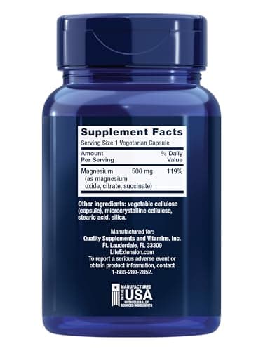 Life Extension Magnesium Caps, 500 mg, Magnesium Oxide, Citrate, and Succinate, Heart Health, Healthy Bones, Metabolism Support, 100 Vegetarian Capsules