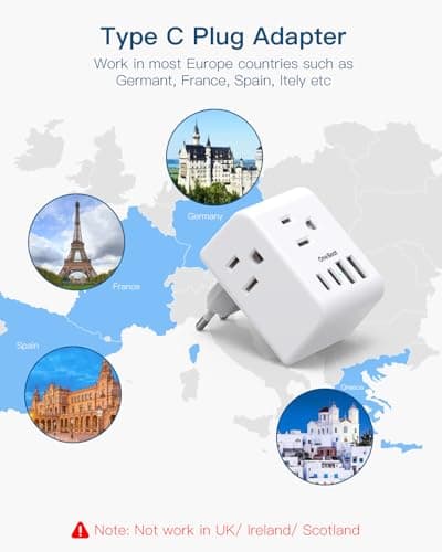 2 Pack European Travel Plug Adapter, International Power Plug Adapter with 3 Outlets 4 USB Charging Ports(2 USB C), Type C Plug Adapter Travel Essentials to Most Europe EU Spain Italy France Germany