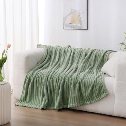 Linecooo Sage Green Fleece Throw Blanket 50”×60” for Couch Sofa Bed,Super Soft Cozy Plush Microfiber Flannel Blanket with Stripes Design Lightweight for Adults,Woman,Girls