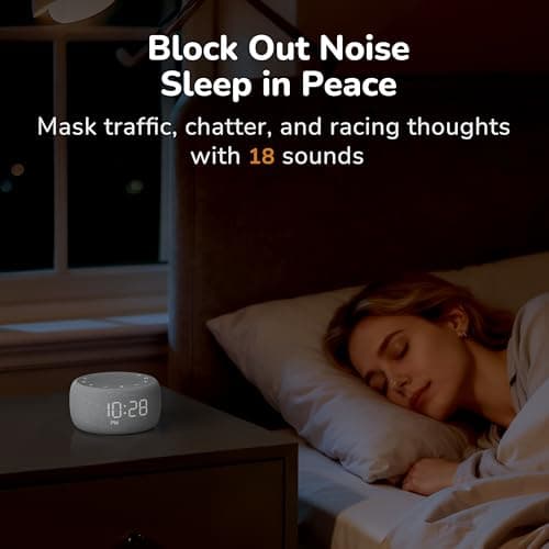 Buffbee Alarm Clock with Sound Machine for Bedrooms – 2-in-1 White Noise Machine for Sleep, Gentle Wake-Up with Soft Alarm Sounds, Ambient Night Light, Plug-in, Sleep Better, Wake Gently