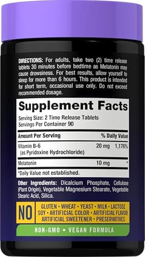 Carlyle Melatonin 10mg | 180 Time Release Tablets | All Night Support | with Vitamin B6 | 100% Drug Free Supplement | Vegan, Non-GMO, Gluten Free