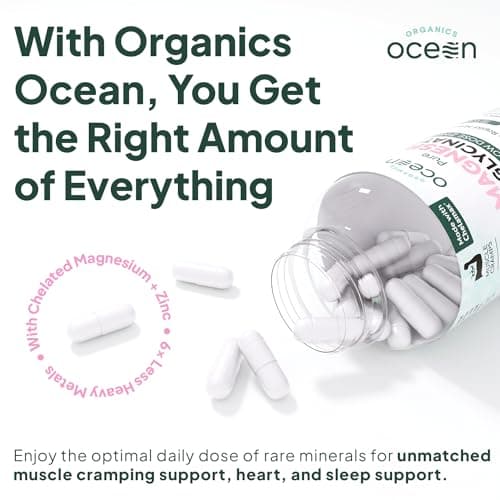 Organics Ocean Pure Magnesium Glycinate with Zinc - Maximum Strength Chelated Magnesium Supplement for Women and Men for Muscle Cramps and Sleep Support - 90 Capsule