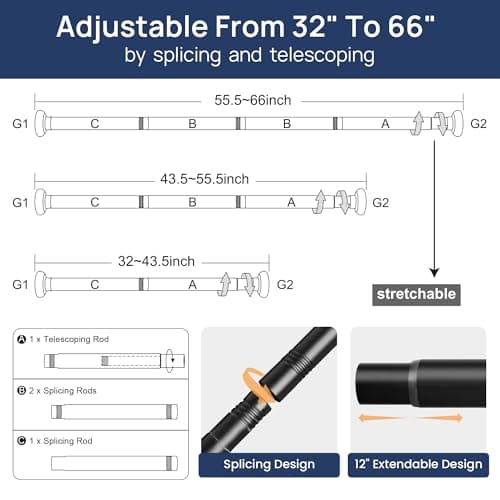 ENJOYBASICS 2 Pack Adjustable Spring Tension Curtain Rods 32 to 66 Inches, Stainless Steel Matte Black Shower Rod No Drilling for Window, Bathroom, Closet, Room Divider, 7/8" Diameter