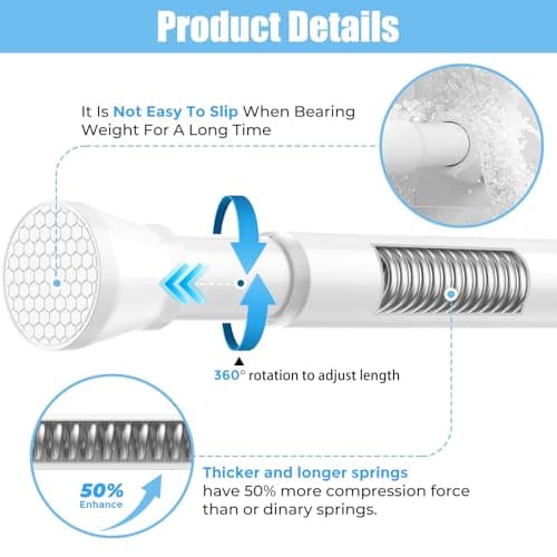 AIZESI Tension Curtain Rod Adjustable Spring Tension Rods for Windows 28 to 48 Inch, No Drilling, 7/8" Diameter, White Curtain Rod, Small Shower Curtain Rod for Bathroom, Doorway, Closet, Kitchen