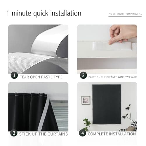 Adhesive Blackout Curtains- Self Stick Shades Window Blinds Curtains No Rod Needed Easy to Hang Curtains, Use for Bedroom, Living Room, Dining Room, Kitchen, Home Office, 35"W X 59"L, Black, 1 Panel