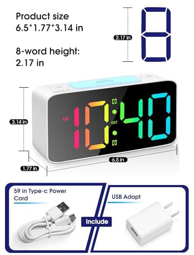 Cadmos Super Loud Alarm Clock for Heavy Sleepers Adults,Digital Clock with 7 Color NightLight,Adjustable Volume,USB Charger,Small Clocks for Bedrooms,Ok to Wake Up for Kids,Teens (White+RGB)
