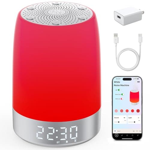 Smart Red Light Therapy Lamp & Sleep Sound Machine for Bedroom with Alarm Clock, 32 White Noises Sound Machine, Night Light with App Control, 5-Level Red Light (620–690nm), 2600mAh Battery（Large）