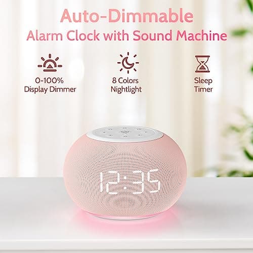 Reacher Auto Dimmable Sound Machine Alarm Clock with Night Lights, 20 Soothing Sounds, Sleep Timer, Precise Volume Control, Cute White Noise Soother for Girls, Kids, Bedrooms, Office