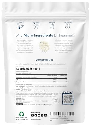 L-Theanine 200mg with Magnesium Glycinate, 400 Coconut MCT Oil Softgels | 2-in-1 Amino Acid & Mineral Complex | Gentle Care All Day & Night