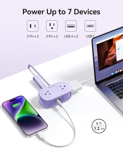ORICO 4FT Purple Cruise Approved Travel Power Strip with 4 AC Outlets, 2 USB-A Ports, and 1 USB-C Port, 45° Flat Plug Extension Cord with Non Surge Protector for Travel/Home/Dorm/Office-AP3