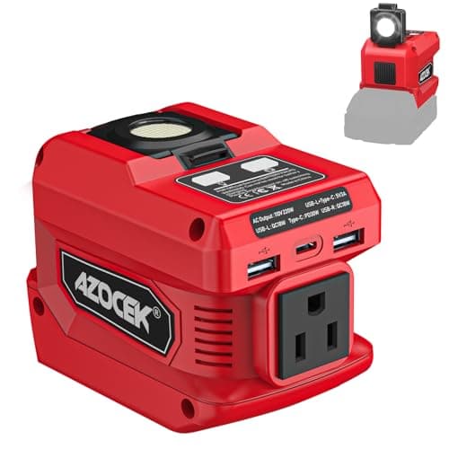 220W Azocek Power Inverter Compatible with Milwaukee 18V Battery, DC 18V to AC 110V Portable Power Station with 1 AC Outlet, 2 USB Ports & 1 Type-C Fast Charging, 400LM LED Work Light