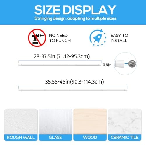 ZipGlo 1 Pack Spring Tension Rods 28-45 Inches, 5/8 Inch Diameter White No Drill Spring Loaded Adjustable Extendable, Small Short Tension Curtain Rod for Windows Kitchen Doorway Closet Cupboard