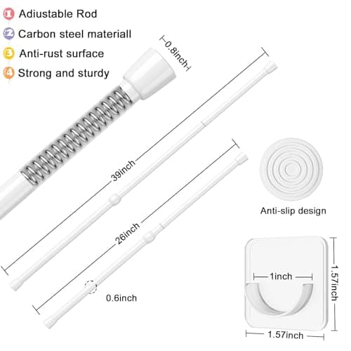 AIZESI 2pcs Spring Tension Rods Adjustable 26 to 39 inch Small Tension Curtain Rod No Drilling Expandable Spring Loaded Curtain Rod,Suitable for Doors and Windows 28 to 36 inch, White