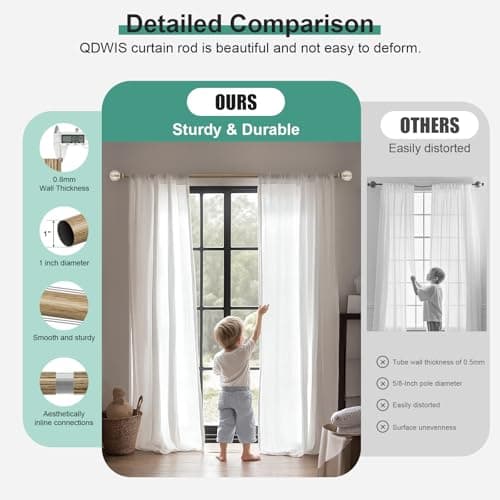 QDWIS Boho Wood Curtain Rods for Windows 48 to 84 inch,1" Adjustable Heavy Duty Window Curtain Rod with Imitation Wood Grain Finials,Rustic Decorative Drapery Rods Set,Size:36-88'',Weathered Wood