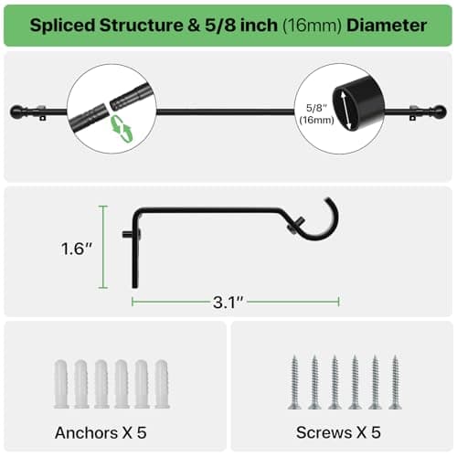 Curtain Rods for Windows 28 to 48 inch, 5/8 inch Black Curtain Rod Set with Brackets, Splicing Adjustable Metal Drapery Rod for Bedroom, Kitchen, Living Room, Matte Black
