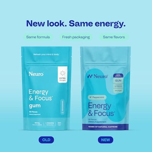 Neuro Energy & Focus Gum, Extra Strength - 100mg Natural Caffeine Gum & Nootropic Energy Supplement with L-Theanine & B Vitamins - Sugar Free, Vegan - Peppermint, 90ct