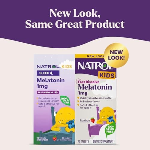 Natrol Kids Fast Dissolve Melatonin 1 mg, Dietary Supplement for Restful Sleep, Sleep Tablets for Kids, 40 Strawberry-Flavored Melatonin Tablets, 40 Day Supply