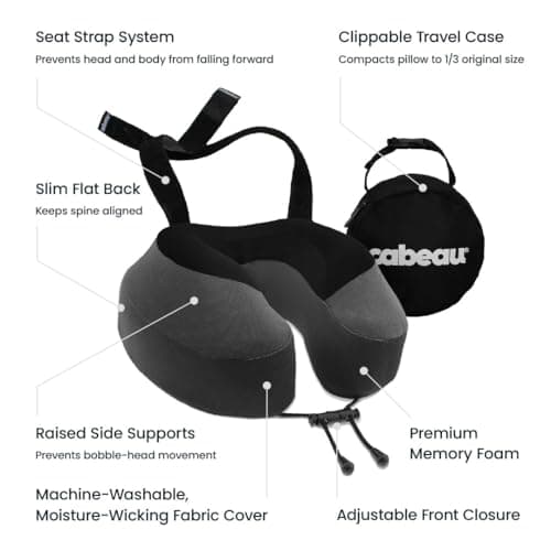 Cabeau Evolution S3 Travel Pillow - Memory Foam Neck Pillow for Airplane and Long Flights with Seat Straps for Head and Neck Support, 360 Degree Support (Steel Grey)