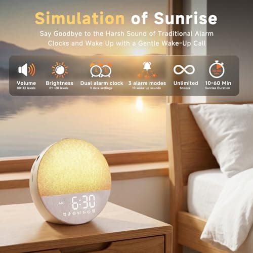 Geuuap Sunrise Alarm Clock White Noise Machine | Natural Wake-Up Light for Bedroom with 30 Soothing Sleep Aids, Bluetooth Speaker, Dimmable Clock, Screen-Free Design for Baby Adults Kids-Khaki
