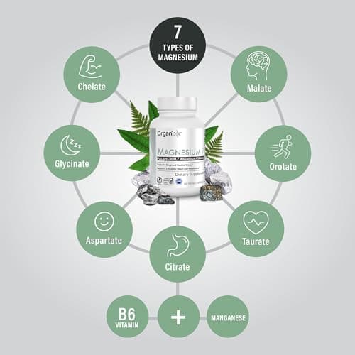 Organixx Magnesium Glycinate Supplement for Support Sleep, Muscle & Heart Health, 7 Type Magnesium Complex with Vitamin B6, Manganese Citrate, Gluten Free, Vegan, Non GMO, High Absorption, 60 Capsules