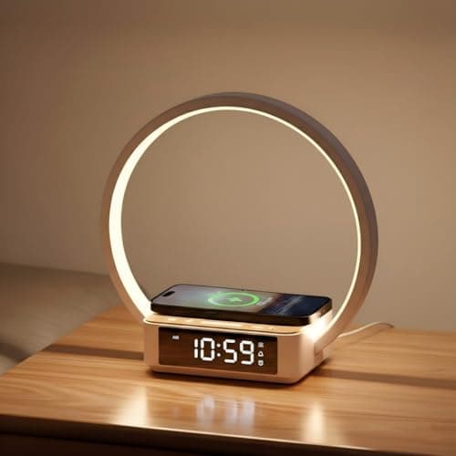 WILIT Bedside Lamp with Alarm Clock,Touch Lamp with Wireless Charger,Nightlight for Bedroom,Sunrise Wake-up Light,3-Grade Dimmable,Birthday Gifts for Her,Women,Men,Mom,Daughter,Girlfriend(Wood Grain)