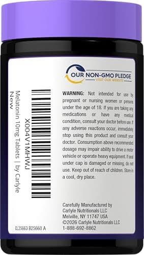Carlyle Melatonin 10mg | 180 Time Release Tablets | All Night Support | with Vitamin B6 | 100% Drug Free Supplement | Vegan, Non-GMO, Gluten Free