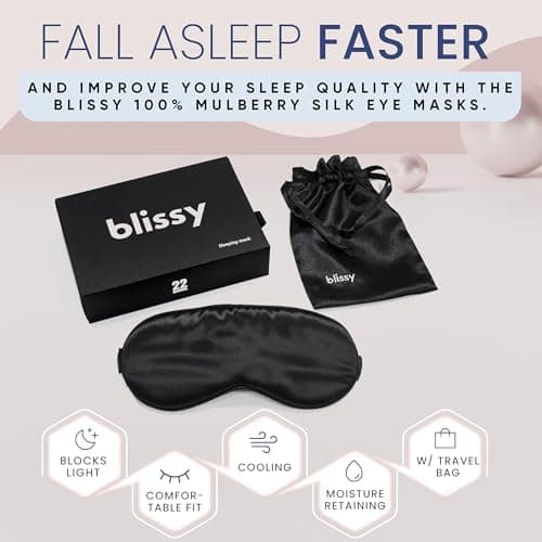 Blissy Silk Sleep Mask - Eye Sleeping Mask for Women & Men for Total Blackout - 100% Pure Mulberry Silk, 22 Momme 6a Fibers - Blindfold Sleep Mask Side Sleeper Eye Cover (Non Adjustable)