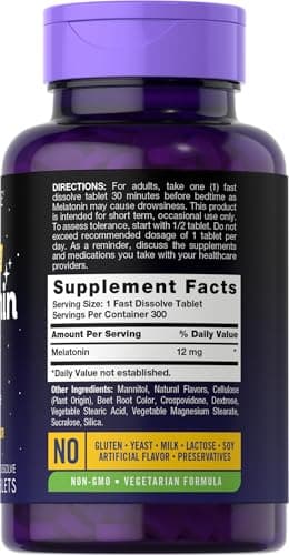 Carlyle Melatonin 12 mg Fast Dissolve 300 Tablets | Drug Free | Natural Berry Flavor | Vegetarian, Non-GMO, Gluten Free