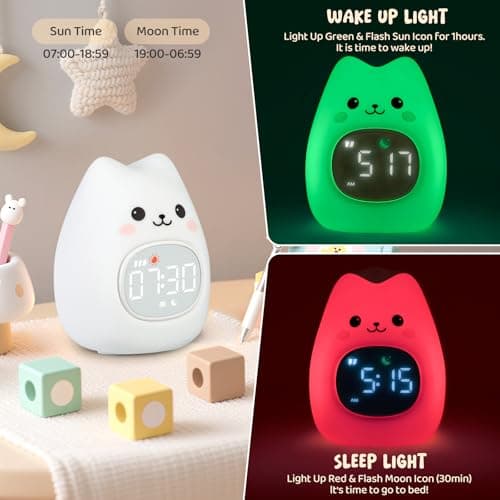 Aokpsrt Cat Alarm Clock with Night Light for Kids with Sleep Training and Sound Machine, Rechargeable Silicone Lamp OK to Wake Clock，Cute Animal Tabletop Lamp, Perfect Sleep Companion for Boys Girls