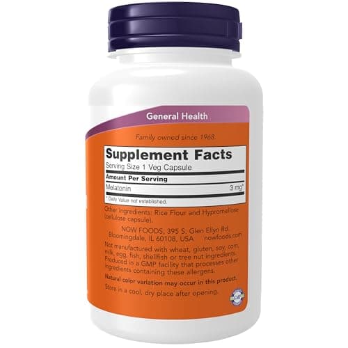 NOW Foods Supplements, Melatonin 3 mg, Free Radical Scavenger*, Healthy Sleep Cycle*, 180 Veg Capsules