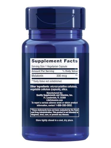 Life Extension Melatonin, 300 mcg, Gentle Sleep Support, Healthy circadian Rhythms, Cellular Defense, Gluten-Free, Non-GMO, Vegetarian, 100 Capsules