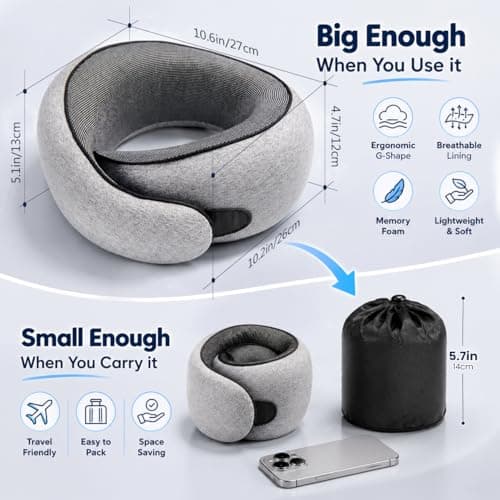 Purroch G-Shape Memory Foam Travel Neck Pillow - 100% Pure Foam Ergonomic Support with Eye Mask & Ear Plugs for Airplane Flights, Car Trips & Office Naps, Beige Gray
