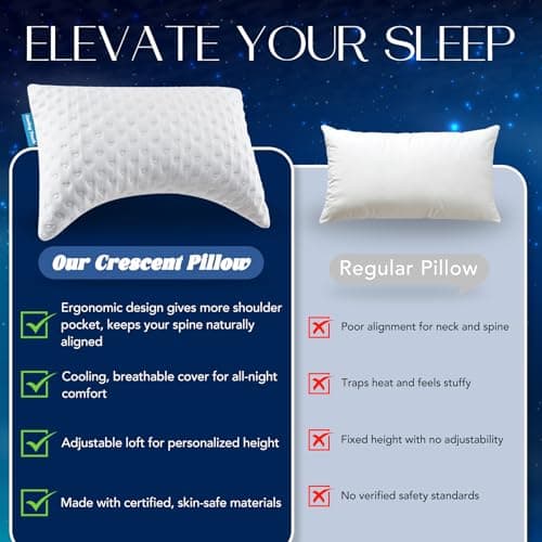 btasleeep Side Sleeper Pillows for Neck & Shoulder Comfort - Ergonomic Curved Crescent Design, Adjustable Shredded Memory Foam, Cooling & Soft Cover, Extra Fill Included, Queen Size